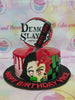 This custom decorated Demon Slayer cake is sure to please any fan of the anime. It is made with layers of green and white checkered pattern and a red drip effect on the outside. The characters Tanjiro Kamado, Nezuko, Shinobu Kocho, Senitsu, and Hashibira are all featured in perfect detail on top of the cake. The cake is finished with a katana sword for the ultimate effect. Make their special day truly memorable with this personalized Demon Slayer themed birthday cake.