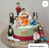 Single-tier mint green fondant round cake with grandma on sofa and family figurines, gold 85 in front, birthday message