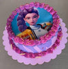 Lavender buttercream round cake with animated character edible print, purple shell piping and gold sprinkles