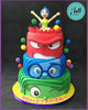 Inside Out 3-tier round fondant cake with Anger, Sadness and Disgust faces, Joy topper, green, blue and red tiers