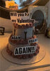 Two-tier gray buttercream Valentine cake with burgundy piping and “Will you be my Valentine… AGAIN” message toppers