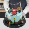 Sky blue fondant round cake with Lightning McQueen topper, tires, checkered bunting, age 2 sign, and racetrack board