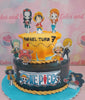 This custom two-tier anime-themed cake features iconic One Piece characters such as Luffy, Nami, and Zoro, set against a treasure map backdrop for a 7th birthday celebration. The colorful design captures the adventurous spirit of pirates, making it a perfect centerpiece for any child's party.