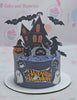 This Happy Halloween Cake features a hauntingly fun design with a purple backdrop, adorned with a spooky haunted house, playful witch, crawling spider, bats, and ghost toppers, along with cheerful pumpkins and festive sprinkles. Perfect for a kid's birthday celebration, this single-layer cake combines scary elements and delightful decorations for a memorable Halloween treat.