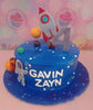 This enchanting 1-tier Space Cake showcases a stunning blue and royal blue design, featuring whimsical printout toppers of spaceships, astronauts, and vibrant planets from the solar system, perfect for a 4th birthday celebration. Ideal for kids who dream of exploring the universe, this custom cake brings the galaxy to life.