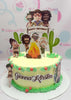 This custom Oko Lele cake features a cheerful yellow design with cavemen and fire motifs, adorned with playful cactus and green leaves, along with berries. Perfect for Gianna Kirsten's 1st birthday, it incorporates cartoon printout toppers inspired by The Croods on a single tier.