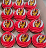 This photo features a set of Avengers cupcakes adorned with yellow and red frosting, showcasing Iron Man printout toppers. Perfect for any MCU fan, these cupcakes celebrate your favorite Marvel superheroes in style.