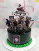 This custom military-themed cake features a striking green and black design, perfect for the birthday boy who loves Call of Duty. Adorned with printout toppers of soldiers, guns, grenades, and bullets, it captures the essence of video games on a one-tier creation.