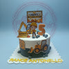Construction birthday cake, one-tier, white & dark green with boy, excavator, number 5, and Rance Antonello name.