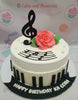 Celebrate your love for music with this stunning 1-tier Music Cake, featuring elegant black and white piano keys, musical notes, and a delicate rose. Perfect for birthdays, this customized cake is ideal for college students, elementary celebrations, or any music enthusiast.