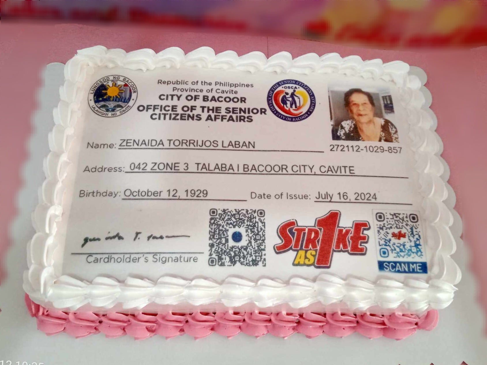 This custom rectangular cake features an edible photo of a Senior Citizen Identification Card, perfect for celebrating special birthdays with lolo and lola. The white frosting elegantly showcases the senior citizen card discount to highlight the occasion.