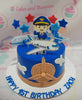 This vibrant blue Airplanes Cake features a stunning 1-tier design adorned with edible star toppers and printed airline-themed decorations, showcasing both Airbus and Boeing aircraft in a playful sky setting. Perfect for aspiring pilots and aviation enthusiasts alike!