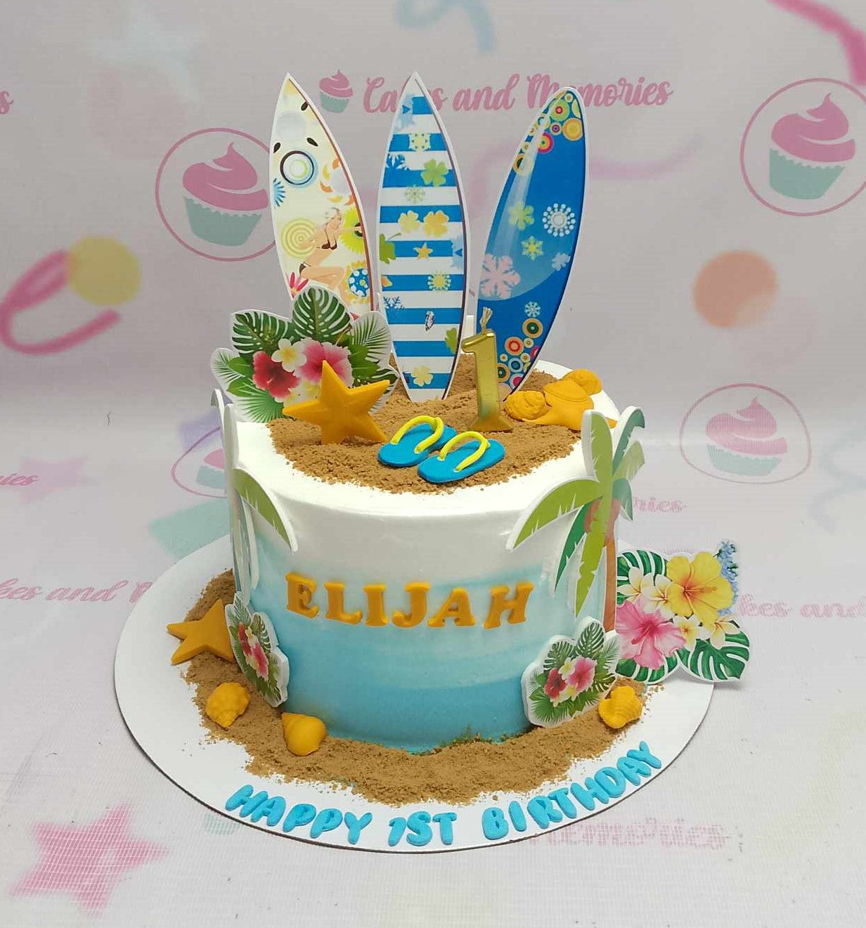 Dive into summer with our stunning Beach Cake, adorned in serene blue and white, featuring tropical designs like coconut trees, surfboards, and a sandy beach. Perfect for any beach-themed birthday celebration, this one-tier masterpiece captures the essence of fun in the sun!