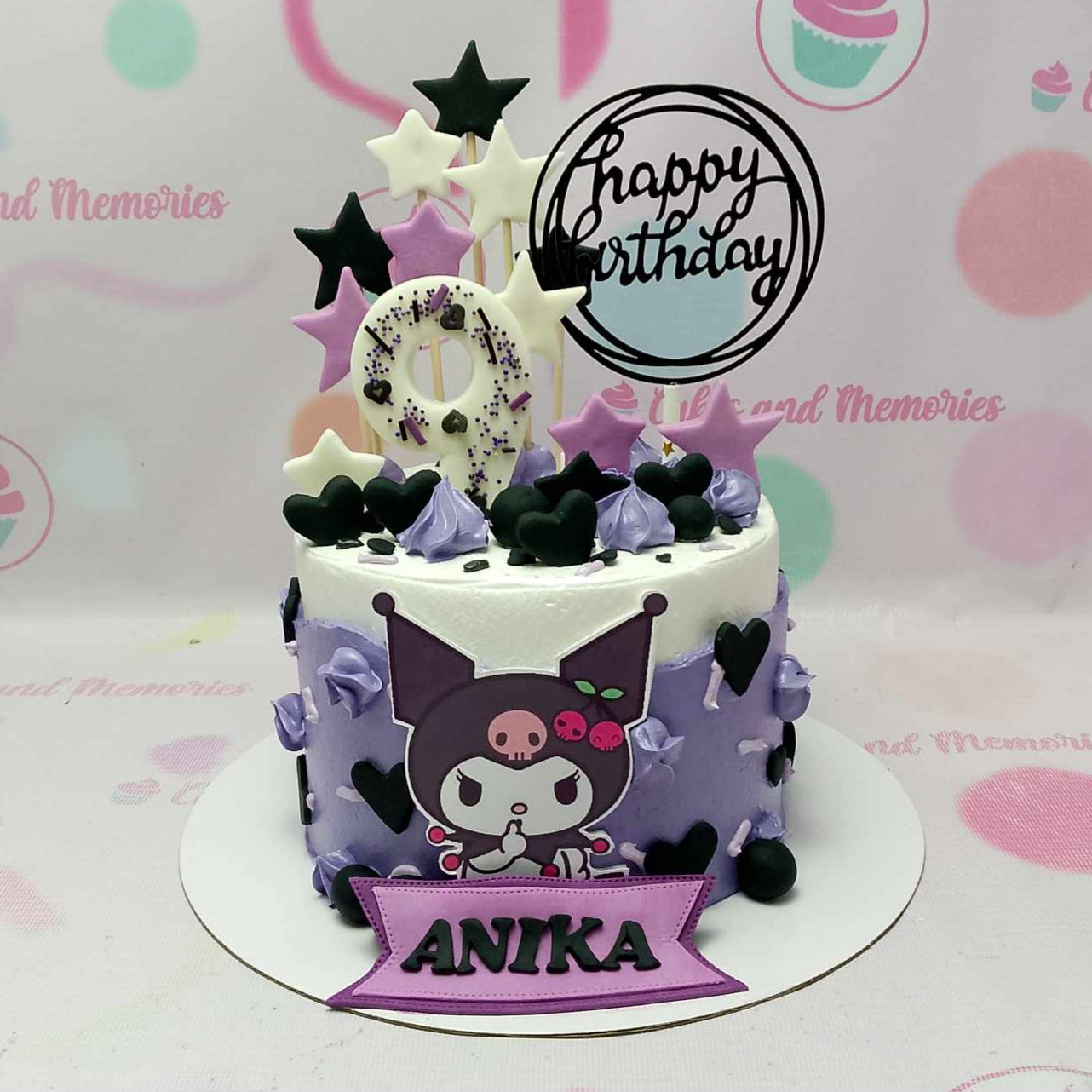 Delight in our whimsical Kuromi Cake, featuring a vibrant violet and white color scheme adorned with charming stars and a playful donut accent. Perfect for fans of Sanrio, this 1-tier masterpiece brings together beloved characters like Hello Kitty and My Melody for a truly enchanting celebration!