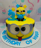 This vibrant yellow and blue Minions Cake features a playful edible topper of Gru and the lovable Minions from Despicable Me 4. Perfect for children's birthday celebrations, this customized 1-layer, 1-tier cake brings the fun of the animated series to any party.