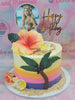 Celebrate with this stunning Tropical Cake featuring a gradient ombre design in pastel yellow, adorned with palm trees, coconut, and vibrant hibiscus flowers. Perfect for a summer birthday, the cake is topped with a stylish 