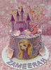 This enchanting Rapunzel Cake features shades of lavender and purple, adorned with lollipops, sprinkles, and pink flowers, perfect for Zameerah's 3rd birthday celebration. The single-tier design showcases charming printout toppers and a castle, capturing the spirit of the beloved fairytale.