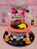 This custom Jolibee cake features a colorful Jollirace car design complete with checkered patterns, a stop sign, and traffic lights, perfect for a 9th birthday celebration. Adorned with printout toppers of cones, tires, and stars, this single-tier cake captures the spirit of Jollitown in a fun, festive way.