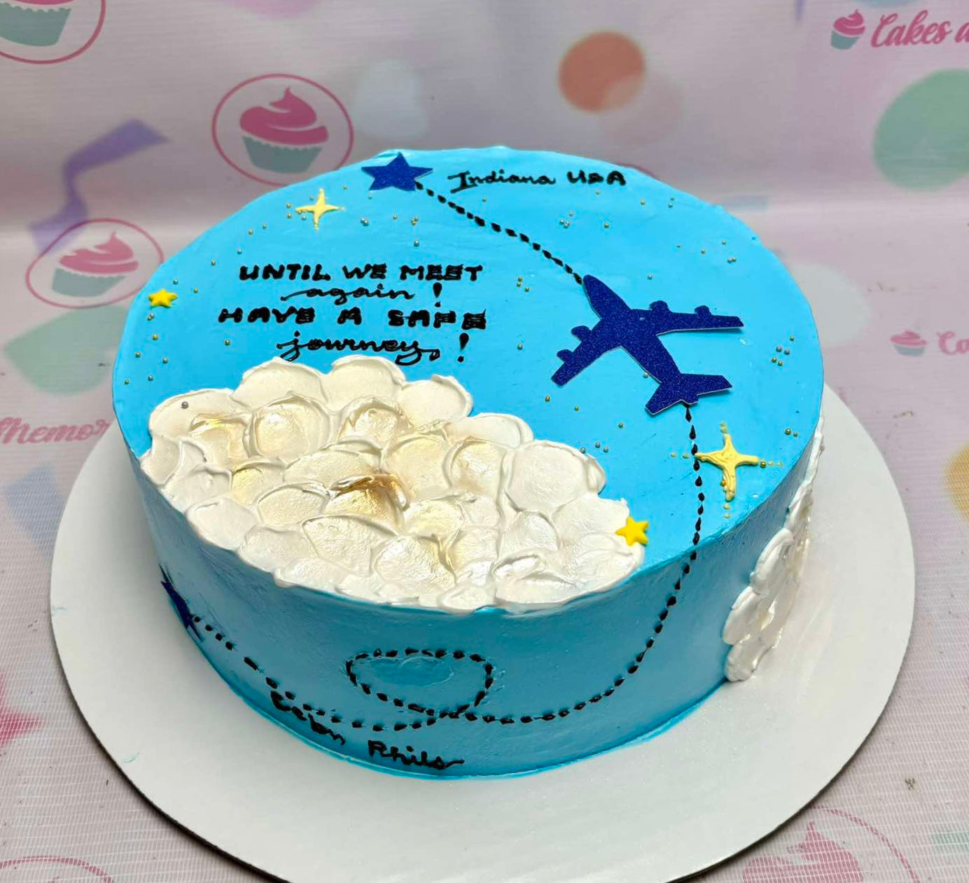 Celebrate your next adventure with our stunning Travel Cake, featuring a vibrant blue design adorned with fluffy clouds and playful travel motifs. Perfect for saying "Bon Voyage" or "Au Revoir," this one-tier masterpiece captures the essence of your journey in a personalized fashion.