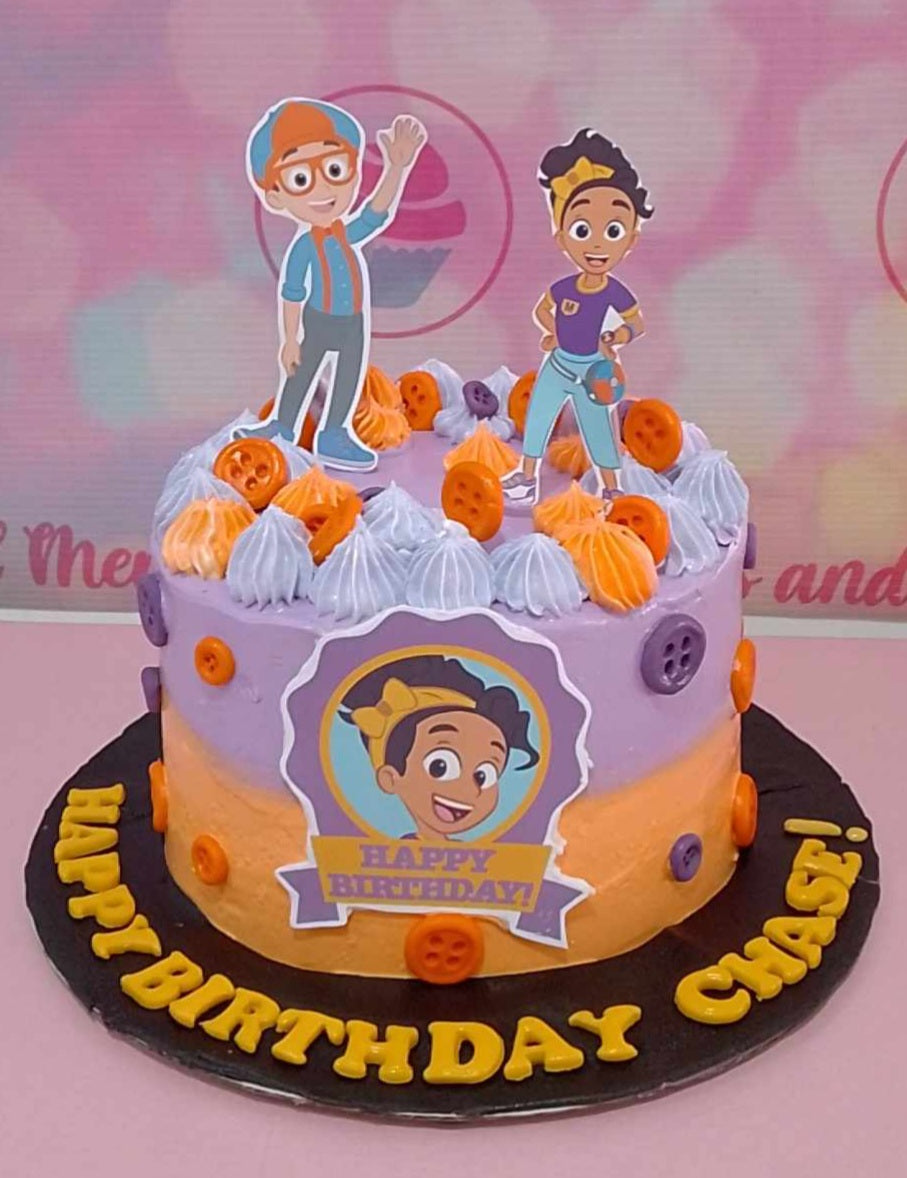 This delightful Meekah Cake features vibrant purple and orange colors, perfect for toddlers and babies. Decorated with a Blippi printout, this 1-layer, 1-tier cake is ideal for kids' celebrations.