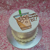This minimalist coffee cake features a smooth white icing adorned with playful doodles, incorporating a boba tea cup filled with ice cubes and a straw. Perfectly sized as a 1-layer, 1-tier creation, it captures the essence of a tall cup coffee frappe inspired by Starbucks.