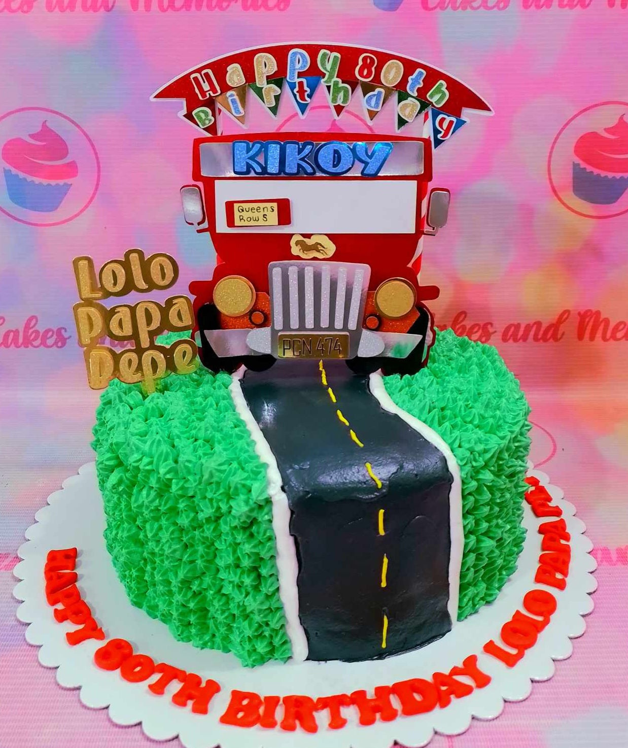 This Wheels Cake features a sleek green and black design, capturing the essence of a thrilling highway adventure with cleverly crafted printout toppers of various vehicles like jeepneys, taxis, and luxury cars. Perfect for celebrating birthdays, this customized 1-layer cake is ideal for dads and gentlemen who love racing and driving.