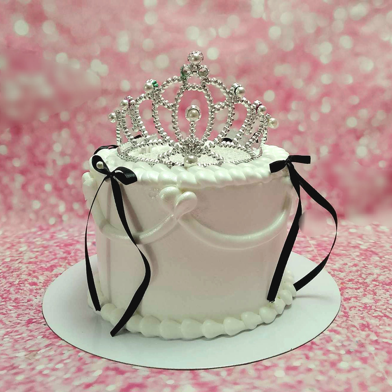 Vintage Cake, 6" Round (4" thickness), with white color, princess theme, single-tier, classy, girl crown, queen, ribbons black, royalty, slay, tiara, vintage, vintage design