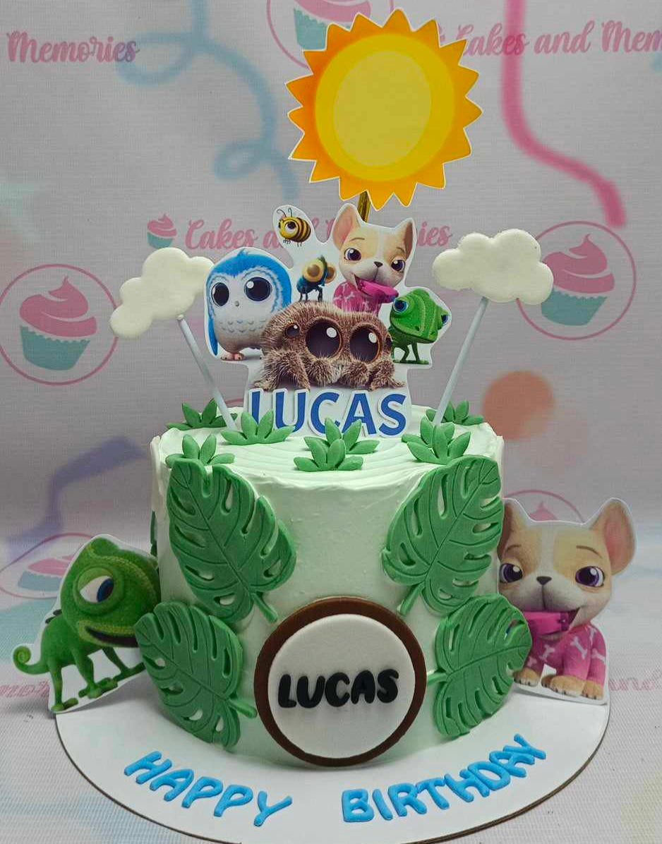 Introducing the charming Lucas the Spider Cake, designed in vibrant green and featuring everyone's favorite cartoon character from the beloved kids show. This delightful 1-tier cake is perfect for any young fan's celebration!