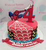 This Spiderman Cake features a striking red design with a spider web pattern and a city skyline, perfect for a 4th birthday boy. Adorned with printout toppers of Marvel superheroes, it celebrates the excitement of the MCU and Tom Holland's iconic character.