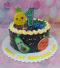 This vibrant Fruits & Veggies Cake features a whimsical design with fresh pineapple, blueberries, avocado, and orange adorning a beautifully decorated round cake. Topped with luscious chocolate frosting, sprinkles, and custom printout toppers, this one-tier birthday cake is a delightful centerpiece for any celebration.