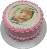 This charming Christening Girl Cake features soft pink and white colors, adorned with an edible photo of the baby girl, perfect for a happy christening or baptismal celebration. It includes a single tier design, making it a delightful centerpiece for the special occasion.