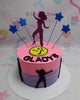 This Zumba Cake features a stunning design in pink and purple, showcasing a silhouette of a woman in motion surrounded by stars. Perfect for Gladys' birthday celebration, this one-tier cake captures the essence of exercise and aerobics with charming printout toppers.