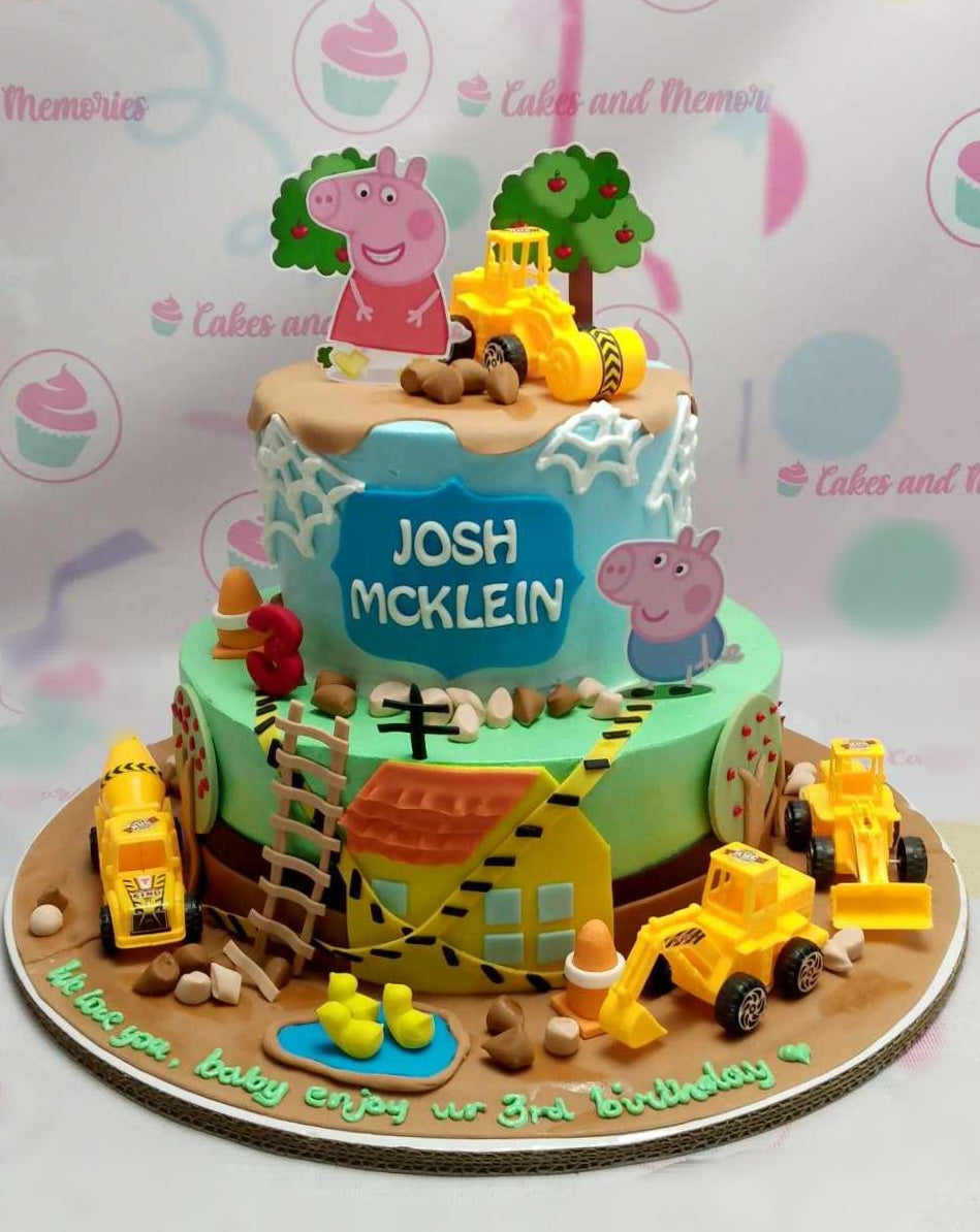 This custom Peppa Pig cake features a vibrant two-tier design, adorned with colorful printout toppers of Peppa, George, and fun construction-themed elements like excavators, trucks, puddles, and traffic cones, perfect for a 3rd birthday celebration. The green and blue color scheme completes the playful theme, making it ideal for young fans of the show.