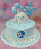 This charming Cinnamoroll Cake features a delightful blue and white color scheme, adorned with star and balloon decorations, sprinkles, and cute printout toppers of beloved Sanrio characters. Perfect for a 9th birthday celebration, this single-layer tiered cake captures the joy and whimsy of childhood.