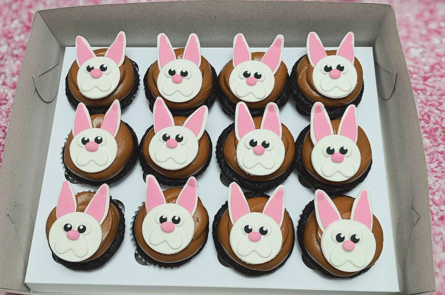 Bunny Cupcake, Cupcakes 2oz size 1-dozen with Edible Toppers, brown icing, bunnies, bunny cupcake,  cupcakes, cute bunny, easter, pink ears, rabbit, rabbits, 