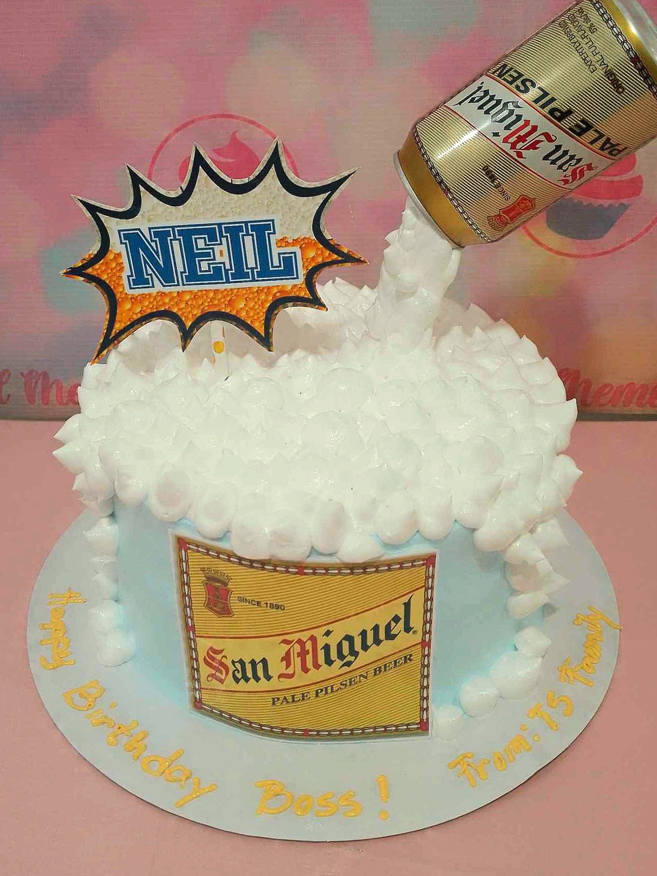 This vibrant, themed Drinks Cake features a playful design with personalized printout toppers celebrating a special birthday for any guy, whether it's for Dad, Kuya, or Lolo. The unique, 1-tier creation showcases iconic San Miguel beer Pale Pilsen and Jack Daniels, making it a perfect centerpiece for any gathering.