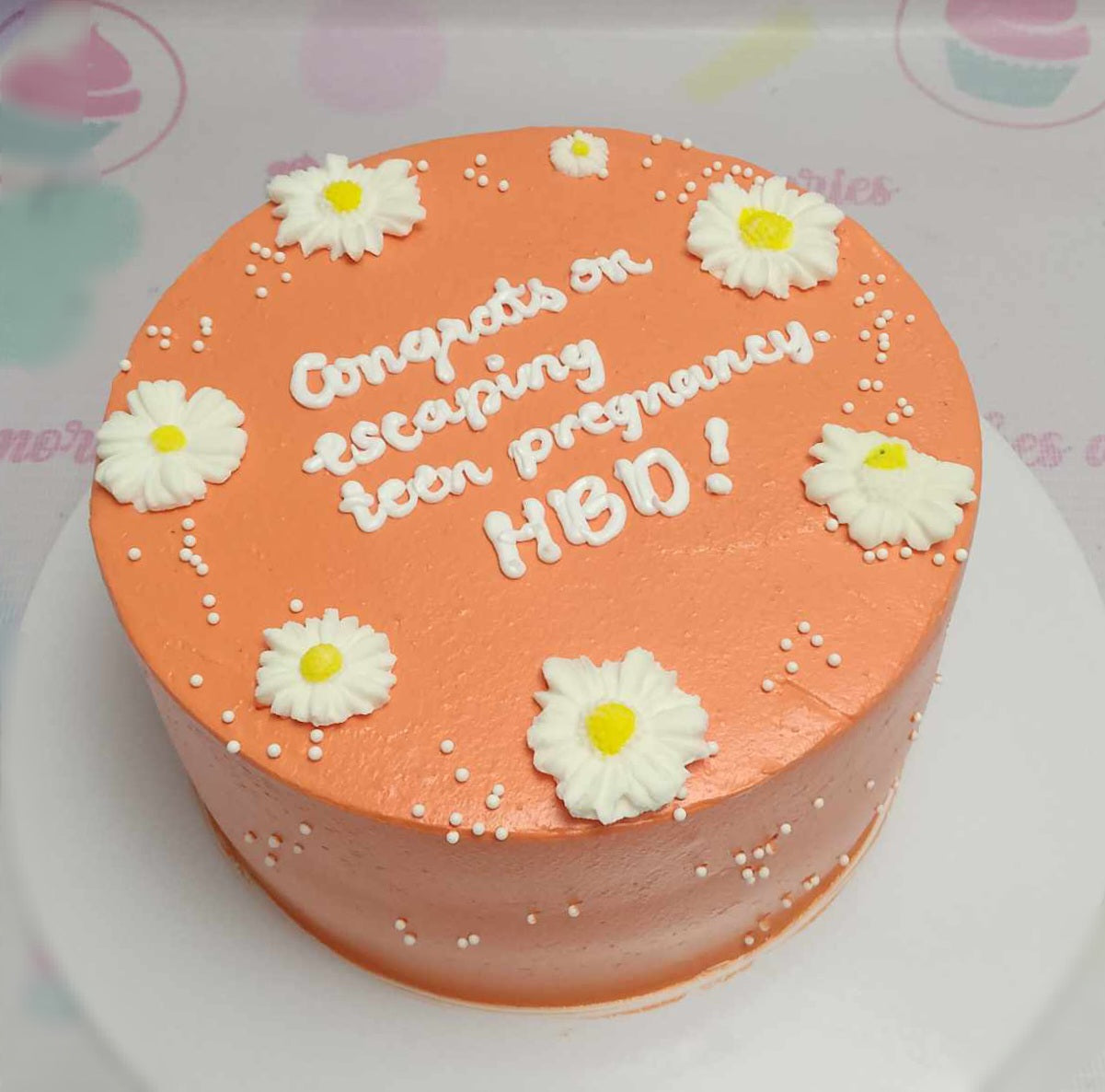 This minimalist 1-tier Twenty Cake features a cheerful orange hue adorned with daisies and playful sprinkles. Perfect for celebrating a 20th birthday with a funny message: "HBD & congrats on escaping teen pregnancy!"