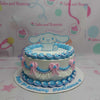 Introducing our adorable Cinnamoroll Cake featuring a charming blue and white design, complete with a vintage touch and a delightful pink ribbon. This one-tier masterpiece is perfect for fans of Hello Kitty and Sanrio, showcasing the cutest cartoon vibe for any celebration.