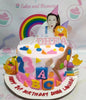 Introducing the Ms Rachel Cake, a delightful 1-tier masterpiece featuring soft white and pink hues adorned with colorful rainbow accents, perfect for celebrating a toddler's first birthday. This cake showcases charming printout toppers of books, ABCs, and 123s, making it an ideal centerpiece for kindergarten-themed celebrations.