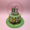 One-tier garden birthday cake for Mama Poy with a fondant old lady, white picket fence, sunflowers, and 