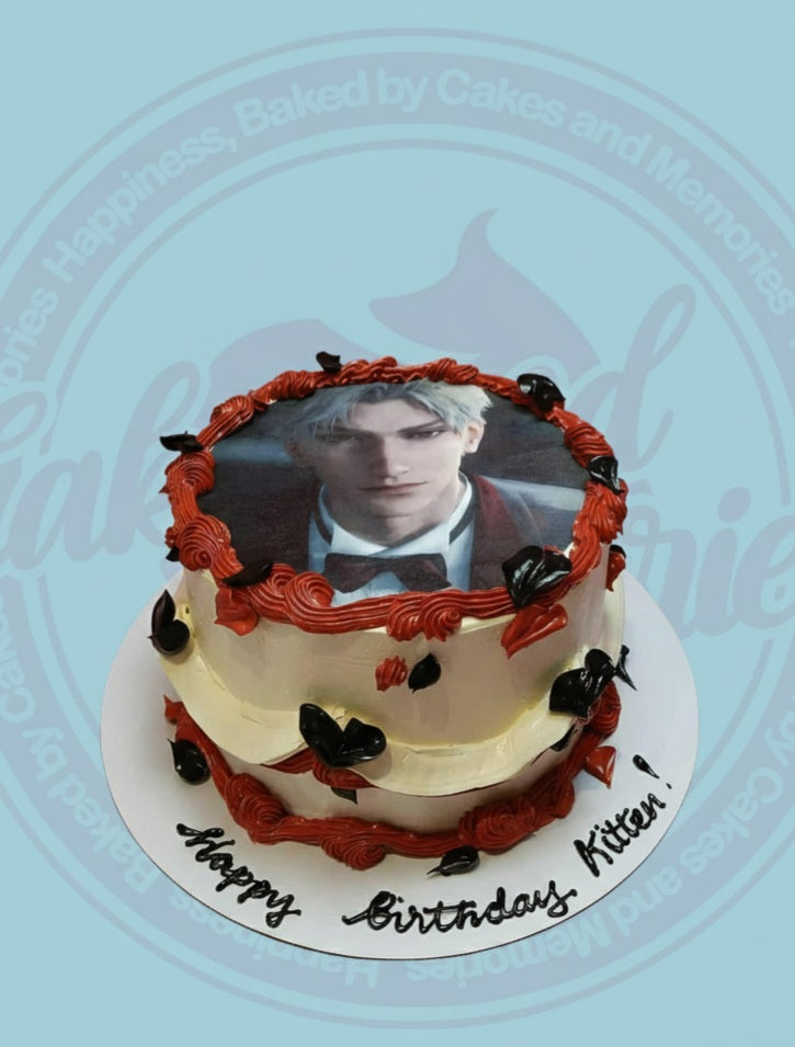 Two-tier Genshin Impact birthday cake with Dainsleif edible print, red icing, black butterflies, and 'Happy Birthday Kitten!' text.