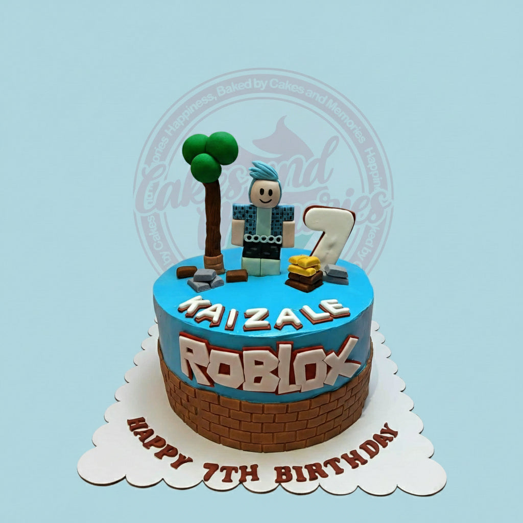 Roblox birthday cake for KaiZale's 7th birthday with character, tree, blocks, gold bars on blue and brick design.