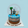 Roblox birthday cake for KaiZale's 7th birthday with character, tree, blocks, gold bars on blue and brick design.