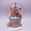 One-tier K-Pop Demon Hunters birthday cake with anime characters, disco balls, 'Tashi @ 5' text, on lavender buttercream.