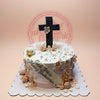 One-tier christening cake with white and peach fondant flowers, a black cross topper, dove, and 'God Bless Mary Farhana' banner.
