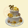 Two-tier custom birthday cake with white buttercream, golden '24' crown topper, yellow roses, gold sprinkles, and 'TING-TING' name.