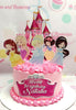 A stunning Princess Cake featuring a pink castle adorned with chibi Disney princess characters like Snow White, Belle, Rapunzel, Cinderella, and Princess Jasmine. This one-tier masterpiece is perfect for any baby birthday celebration, showcasing charming printout toppers for a royal touch.