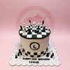 1-tier fondant birthday cake with a black and white chessboard design, fondant chess pieces, and 'HAPPY 13TH BIRTHDAY LOUISE' text.