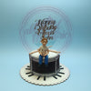 One-tier custom fondant birthday cake with a drum design, a boy drummer figure, piano key board, and 'Happy Birthday Alexis John' topper. Music cake.