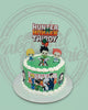 One-tier Hunter x Hunter cake with green icing, edible printouts of Gon, Killua, Kurapika, Leorio, Hisoka, and 
